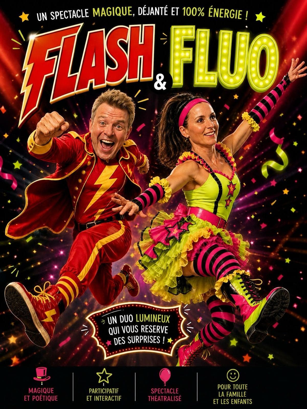 Affiche du spectacle FLASH & FLUO : un spectacle magique, déjanté et 100 % énergie, par un duo lumineux qui vous réserve des surprises